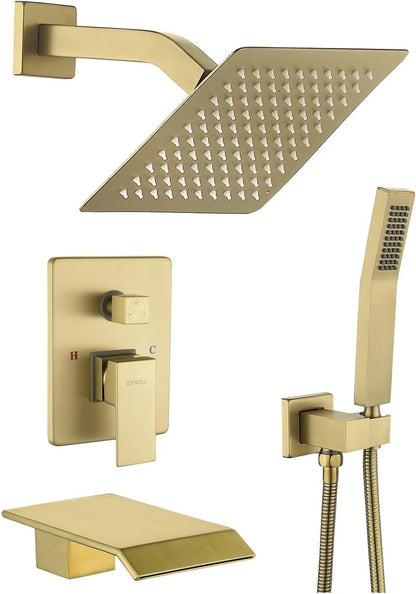 Elevate Your Bathroom Experience with the Complete Brushed Gold Bathtub Shower Faucet Set, Featuring an 8-Inch Shower Head and Handheld Spray