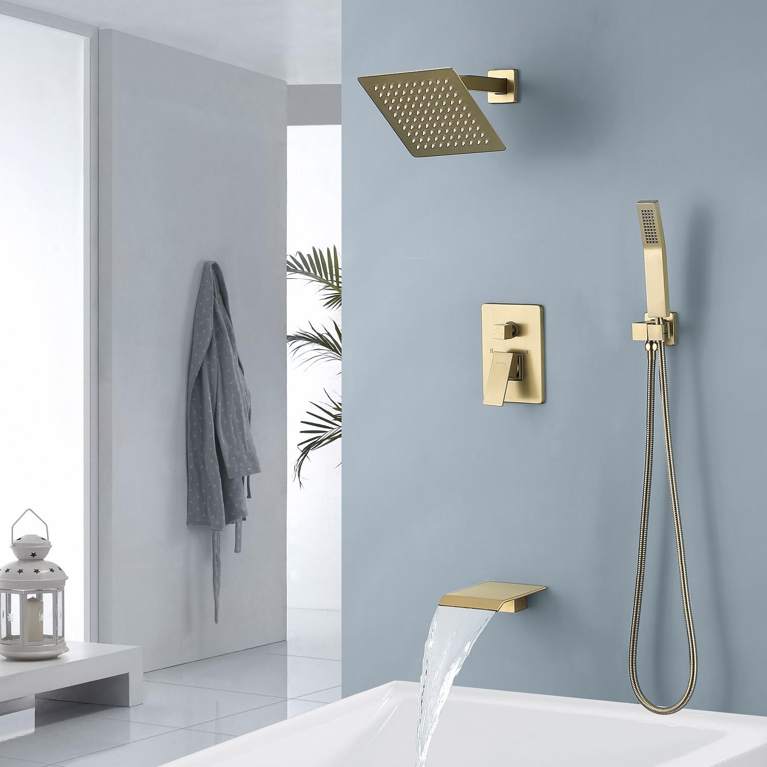 Elevate Your Bathroom Experience with the Complete Brushed Gold Bathtub Shower Faucet Set, Featuring an 8-Inch Shower Head and Handheld Spray