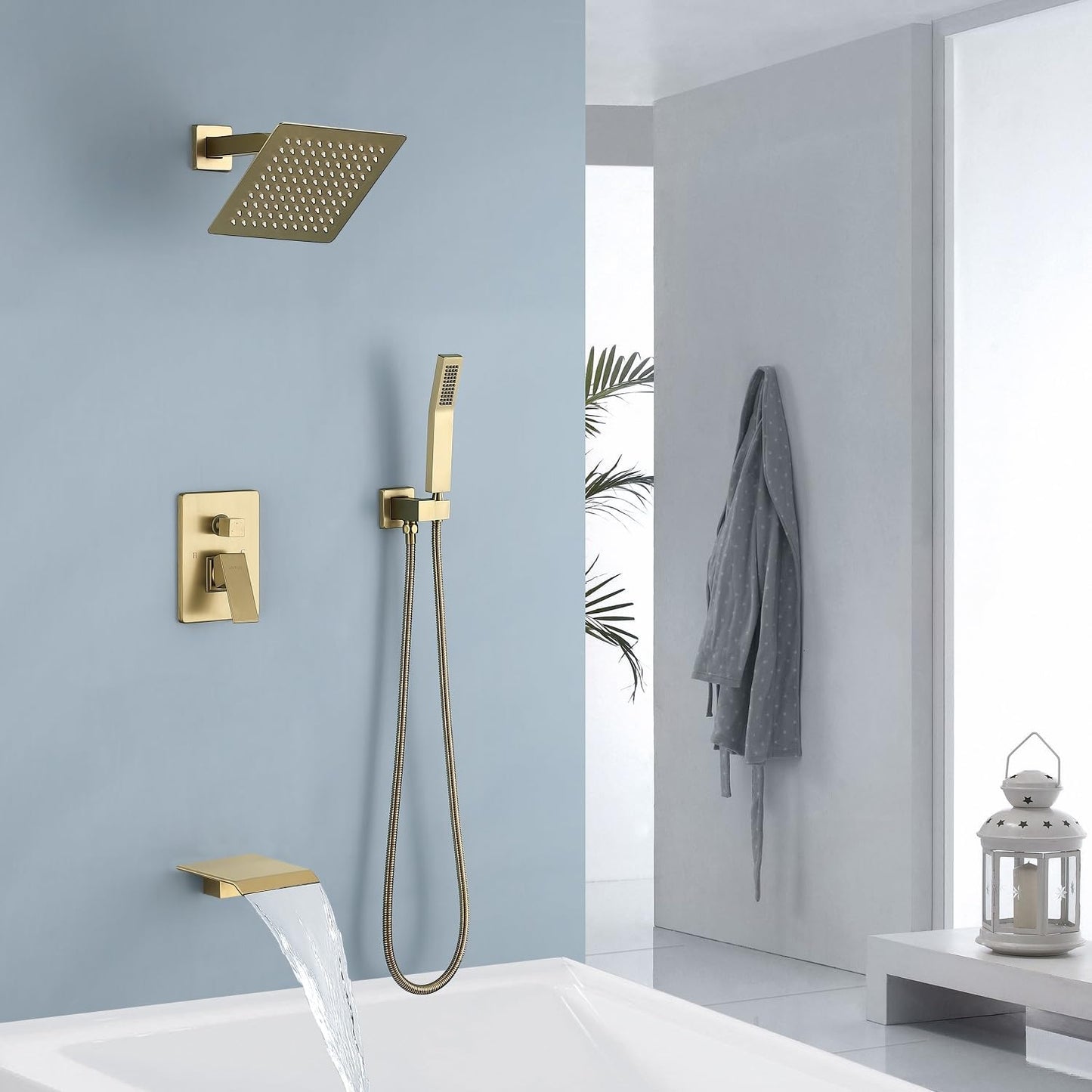 Elevate Your Bathroom Experience with the Complete Brushed Gold Bathtub Shower Faucet Set, Featuring an 8-Inch Shower Head and Handheld Spray
