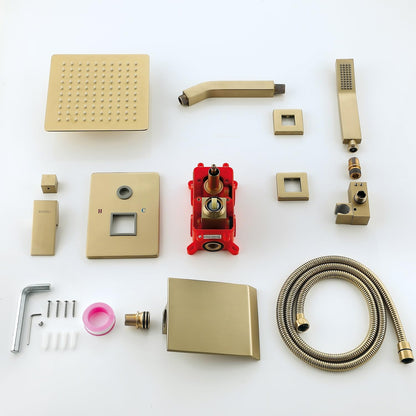 Elevate Your Bathroom Experience with the Complete Brushed Gold Bathtub Shower Faucet Set, Featuring an 8-Inch Shower Head and Handheld Spray