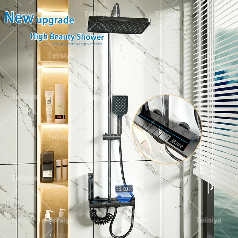 Elevate Your Bathroom Experience with the Piano Button Ambient Light Digital Shower System - Rain Faucets Set